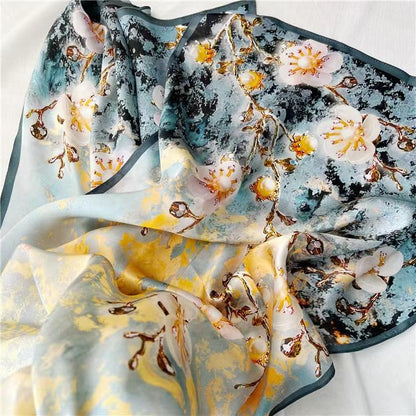 100% Mulberry Silk Long Scarf for Women Large Shawls for Headscarf and Neck- Oblong Hair Wraps with Gift Packed - color: Gold&blue