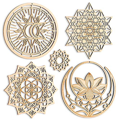 Qallicon 5.31" Sacred Geometry Wall Art 4 PCS Set, (Mandala, Buddha Lotus, 64 Star Tetrahedron, Sun Moon and Stars) Crystal Grid Meditation Chakra Wooden Wall Art Yoga Decor Spiritual Gifts
