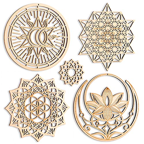 Qallicon 5.31" Sacred Geometry Wall Art 4 PCS Set, (Mandala, Buddha Lotus, 64 Star Tetrahedron, Sun Moon and Stars) Crystal Grid Meditation Chakra Wooden Wall Art Yoga Decor Spiritual Gifts
