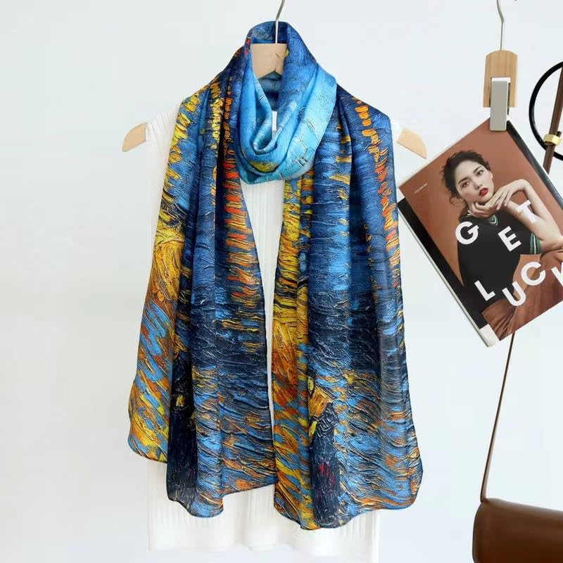 100% Mulberry Silk Long Scarf for Women Large Shawls for Headscarf and Neck- Oblong Hair Wraps with Gift Packed - color: Oil Painting