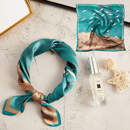 ANDANTINO 100% Mulberry Silk Scarf -21” Lightweight Square Neckerchief – Breathable Digital Printed Scarves with Gift Packed - color: Crane