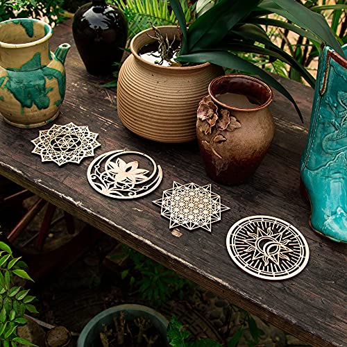 Qallicon 5.31" Sacred Geometry Wall Art 4 PCS Set, (Mandala, Buddha Lotus, 64 Star Tetrahedron, Sun Moon and Stars) Crystal Grid Meditation Chakra Wooden Wall Art Yoga Decor Spiritual Gifts