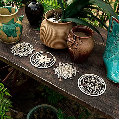 Qallicon 5.31" Sacred Geometry Wall Art 4 PCS Set, (Mandala, Buddha Lotus, 64 Star Tetrahedron, Sun Moon and Stars) Crystal Grid Meditation Chakra Wooden Wall Art Yoga Decor Spiritual Gifts
