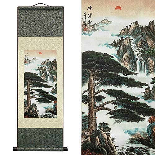 AtfArt Asian Wall Decor - Beautiful Silk Scroll Painting Pine Greeting Guests (Guest-Greeting Pine) Oriental Decor Chinese Art Wall Scroll (36.2 x 12 in) - color: A2