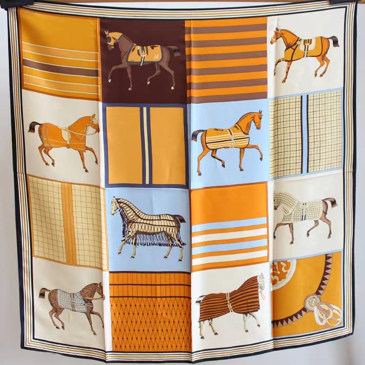 ANDANTINO 100% Pure Mulberry Silk Scarf 35" Large Square Lightweight Headscarf –Women’s Hair Wraps-With Gift Packed - color: Blue&brown Horses