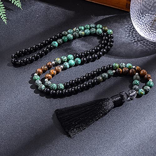 108 Mala Prayer Beads Necklace 8mm Natural Stones Meditation Yoga Jewelry Sets 108 Hand Made Japa Mala Beaded Long Tassel Necklace with Tassel Pendant for Men and Women - color: Tiger Eye+African turquoise+Black Onyx