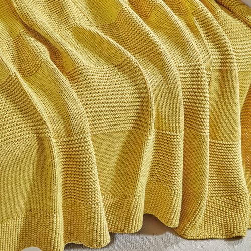 Longhui bedding 100% Cotton Chunky Cable Knit Throw Blanket for Sofa Couch Bed Baby Nursery, Farmhouse Chessboard Grid Woven Blanket with Bonus Laundering Bag, 51 x 63 Inches, Mustard Yellow - color: Mustard Yellow, size: 51” x 63”