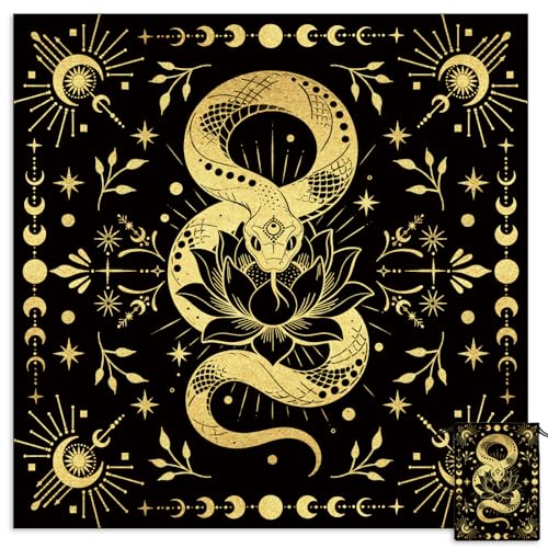 Tarot Altar Cloth Black Tablecloth Moon Snakes Lotuses Print Card Table Tablecloth with Velvet Tarot Card Bag for Reading Rituals Crystals Spiritual Divination Witchcraft Supplies - color: Snakes Lotuses