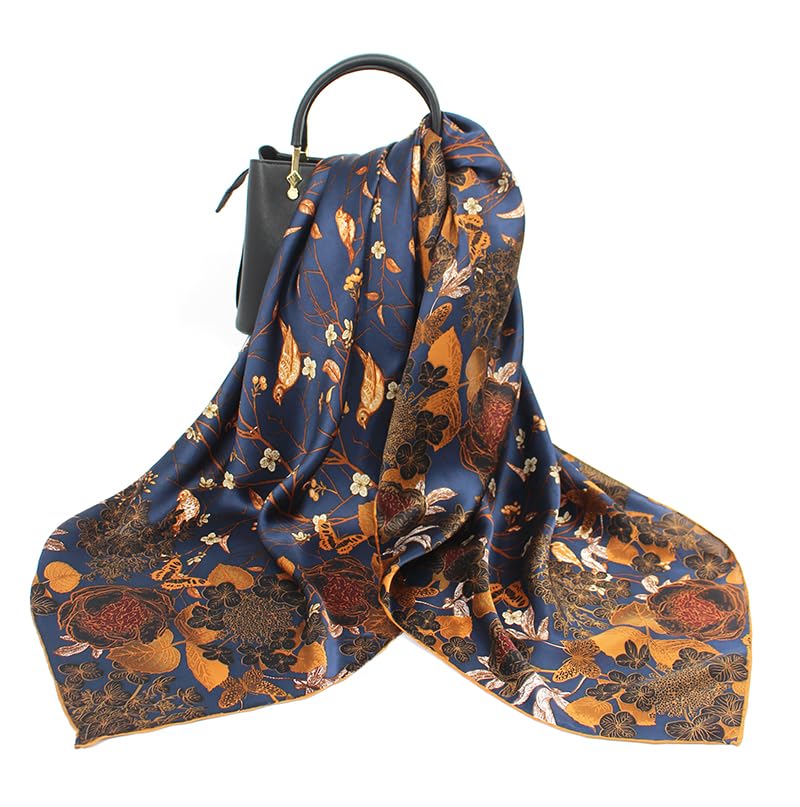 ANDANTINO 100% Silk Scarf 43" Large Square Lightweight Headscarf& Shawl–Women Hair Wraps-With Gift Packed - color: Blue-flower&birds