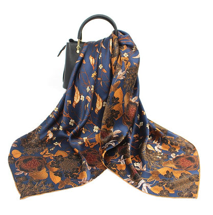 ANDANTINO 100% Silk Scarf 43" Large Square Lightweight Headscarf& Shawl–Women Hair Wraps-With Gift Packed - color: Blue-flower&birds