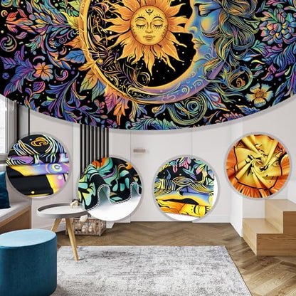 Sun and Moon Tapestry Psychedelic Mystic Floral Tapestry Hippie Boho Flower Plants Wall Tapestries Vintage Aesthetic Tapestries Wall Hanging for Bedroom
