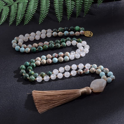108 Mala Prayer Beads Necklace Natural Stones Meditation Yoga Jewery 108 Hand Knotted Japa Mala Beaded Long Tassel Necklace with Tree of Life Pendant for Men and Women - color: green+blue+white