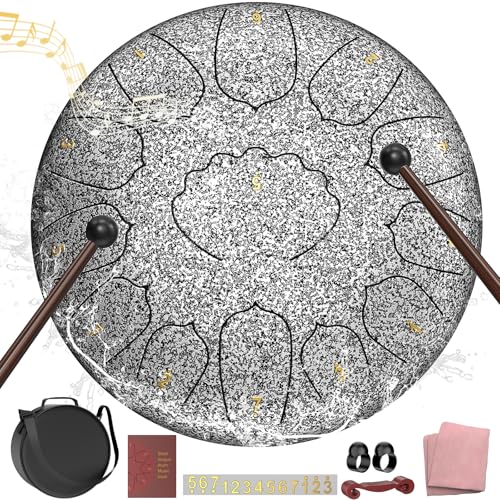 D Major Steel Tongue Drum Handpan, 12 Inch 13 Note Rain Drum for Outside Garden, Meditation Rain Chime, Musical Percussion Instrument for Adult Gift with Bag, Music Book, Drum Mallets (Star Sliver) - color: Star Sliver, size: 12 Inches