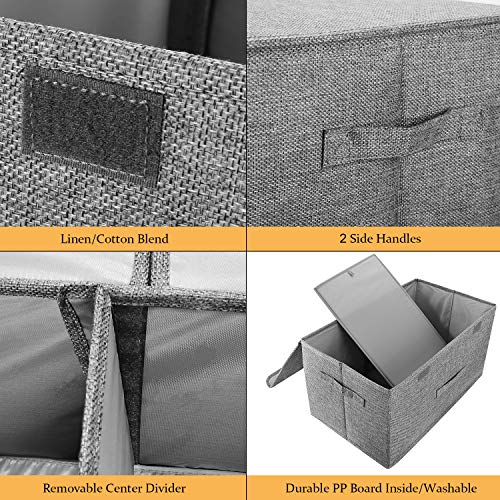 2 Pack Storage Boxes with Lids and Handles, Collapsible Linen Storage Bins Organizer Containers Baskets Cube with Removable Divider for Home Bedroom Closet Office (Grey, Small)