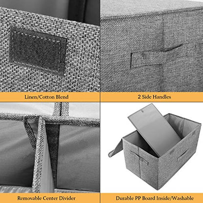 2 Pack Storage Boxes with Lids and Handles, Collapsible Linen Storage Bins Organizer Containers Baskets Cube with Removable Divider for Home Bedroom Closet Office (Grey, Small)
