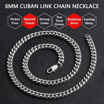 Chain for Men Stainless Steel Cuban Link Chain Necklace Silver Toned Mens Necklaces 18, 20, 22, 24, 26 Inch - size: 26 Inches, style: 6mm width-stainless steel