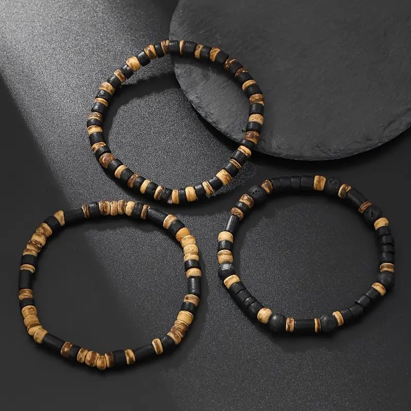 Puka Shell Bracelet for Men Wooden Bracelets Turquoise Stack Beaded Minimalist Trendy Jewelry for Friend Gift - style: 3pcs-Brown Black