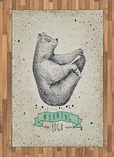 Ambesonne Yoga Area Rug, Contemporary Illustration of Meditating Bear on Vintage Background Calm Life, Flat Woven Accent Rug for Living Room Bedroom Dining Room, 4' X 5' 7", Cream Black Green
