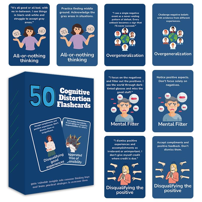 Cognitive Distortion Flashcards, 50 Cards for Mental Health and Thought Pattern Recognition, Blue