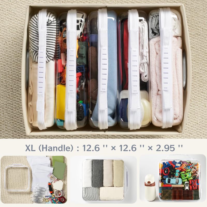 6-Pack Clear Bag Hard Shell Zipper Case with Handle, 1.3mm Thick Rigid Pouch for Craft Organizers and Storage, Large 12.6" Square Containers for Board Games, Puzzles & Toys - size: 6 Handle XL