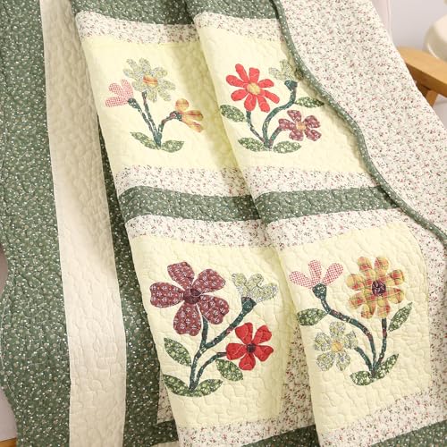 vctops 100% Cotton Quilted Throw Blanket 50x60 Inch Floral Embroidered Reversible Patchwork All Season Throw (Green A,50"x60") - color: Green a