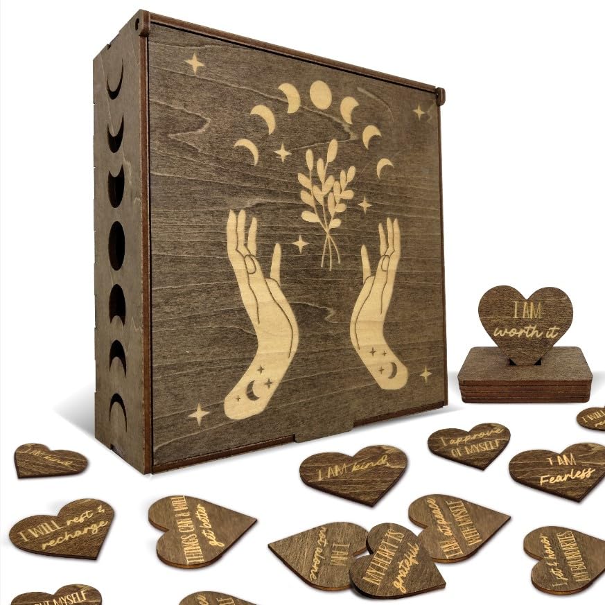 Positive Affirmations Box | Moon Phase Themed Engraved Wood Box with 72 Positive Affirmation Heart Cutouts | Daily Motivational Gift for Women - style: Moon Phases & Affirmations