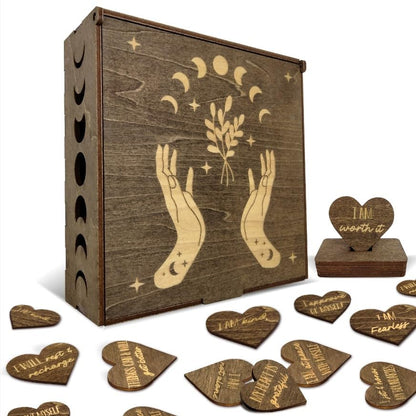 Positive Affirmations Box | Moon Phase Themed Engraved Wood Box with 72 Positive Affirmation Heart Cutouts | Daily Motivational Gift for Women - style: Moon Phases & Affirmations