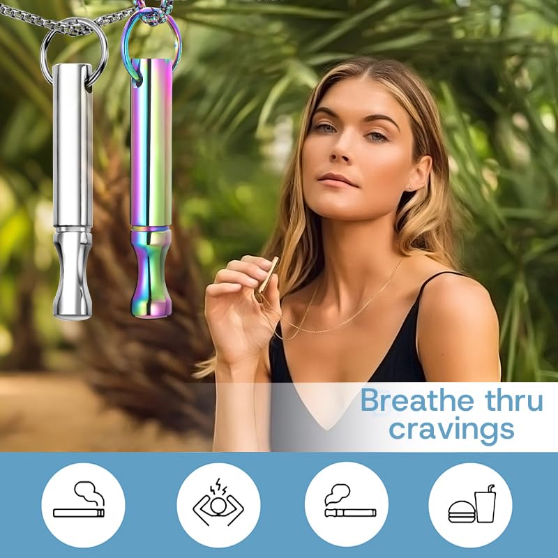 Mindfulness Breathing Necklace Stress Relief Pendant Stainless Steel Anxiety Breathe Necklace for Women Men - color: Steel+Rainbow