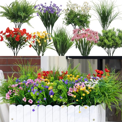 Green Moon 23 Bundles Artificial Plants Outdoor with Colorful Flower, Greenery Shrubs Realistic UV Resistant for Outside Home Planter Porch Patio Yard Decor - color: Spring