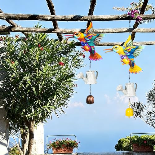 Metal Hummingbird Hanging Decor, Bird Wind Chime Bell Hanging Decor for Outdoor Garden Yard Doors Walls Living Rooms Bedrooms, 2 Pack (Bird-c-Kettle) - style: bird-c-kettle