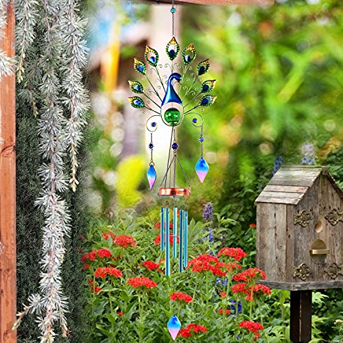 Pearlstar Solar Wind Chimes Outdoor, Gifts for Mom Women, 53.5" Large Metal Peacock Wind Chimes Light with Crackle Glass Ball, Waterproof for Garden Patio Yard Home Decor