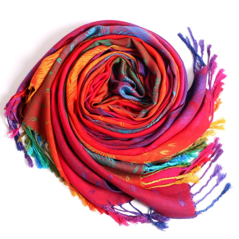 SmilerSmile Colorful Scarf Wraps for Womens Tassel Shawl Wrap - color: 05-peacock/Red