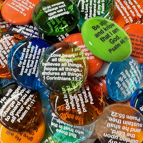 Scripture Glass Stones, Set of 100 Translucent and Opaque Glass Stones Printed with Many of Your Favorite Bible Verses with Retail Display by Lifeforce Glass.