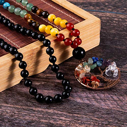 Bivei 108 Mala Beads Necklace Life Tree 7 Chakra Wrap Bracelet Real Healing Gemstone Yoga Meditation Hand Knotted Mala Prayer Bead Necklace - color: Black Agate, size: 6mm