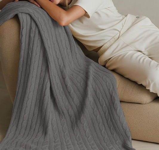 100% Pure Cotton Cable Knit Throw Blanket, Ultra Soft Breathable All Seasons Comfy Knitted Lightweighted Washable Blanket for Couch Bed, Farmhouse Home Decor, Gift Package, 60" x 70" Grey - color: Grey