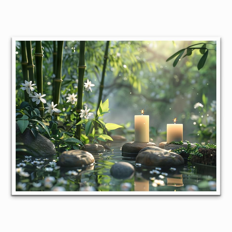 Generic Zen canvas wall art Stacked pebbles and green bamboo candle painting meditation spiritual poster Relaxing spa Room decorated with modern bathroom office decor 11x14in Unframed