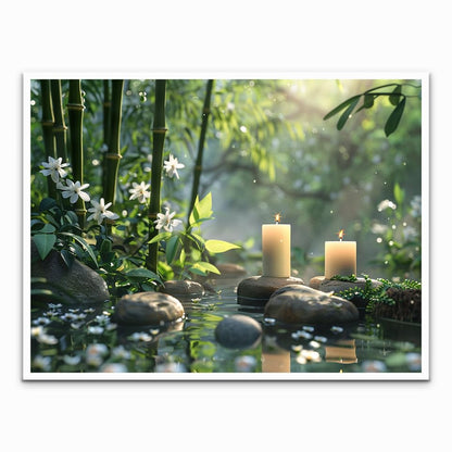 Generic Zen canvas wall art Stacked pebbles and green bamboo candle painting meditation spiritual poster Relaxing spa Room decorated with modern bathroom office decor 11x14in Unframed