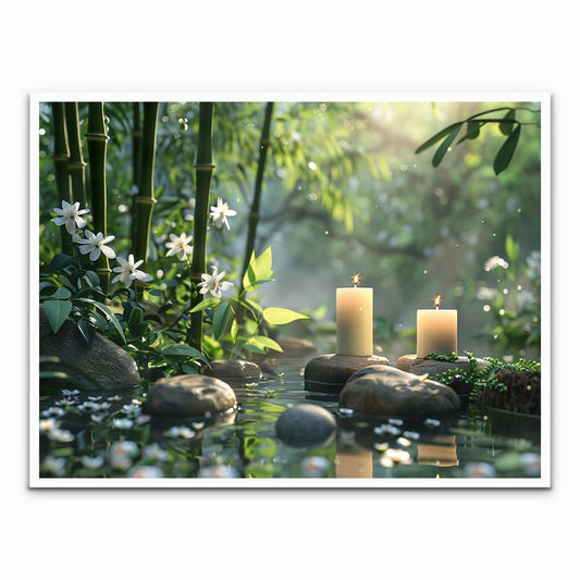 Generic Zen canvas wall art Stacked pebbles and green bamboo candle painting meditation spiritual poster Relaxing spa Room decorated with modern bathroom office decor 11x14in Unframed