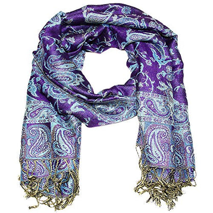 Falari Women's Reversible Paisley Pashmina Shawl Wrap Scarf For Evening Dresses Festivals Any Occasions All Seasons 80"x27" - color: Style 1 - Dark Purple & Turquoise
