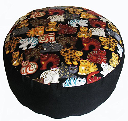 Meditation Cushion Zafu Pillow Buckwheat & Kapok Fill - Limited Edition Cats Reunion - color: Cats Reunion
