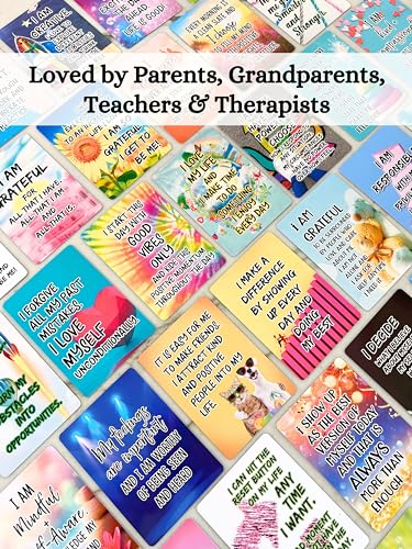 Positive Affirmation Cards for Kids and Teens - 54 Affirmations, 150+ Inspirational Questions with Storage Box - Inspire confidence and Positive attitude - Self Care Kit & Mindfulness Gift