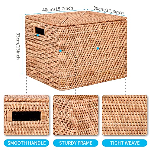 Rattan Basket With Lid, Large Lidded Basket For Storage(15.7" L×13"W×11.8"H) - size: 15.7"×13"×11.8"