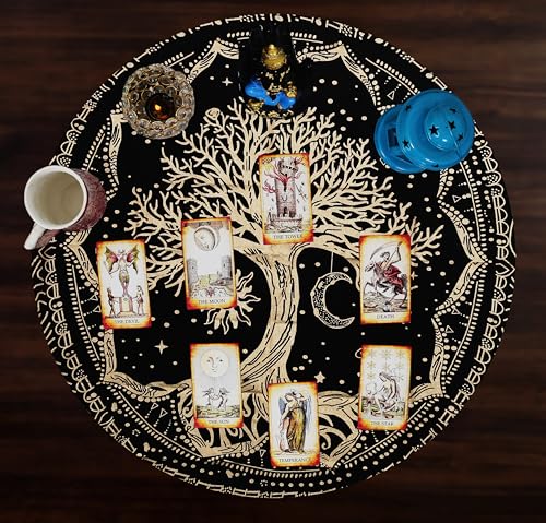 Indian Consigners Tree of Life Altar Cloth Tapestry Tablecloth Celtic Trees Ritual Spiritual Cloth for Sacred Places, Cotton Square Tarot Table Cover 24 by 24 Sacred - color: Golden Sun Moon Tree, size: 24" x 24" (Square)