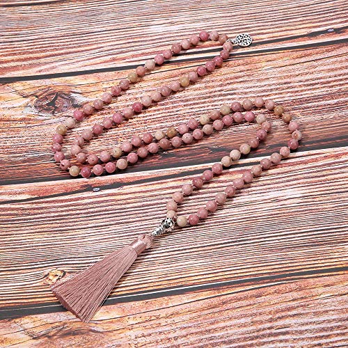 108 Mala Beads Necklace Semi-Precious Gem Stones Meditation Necklace 108 Hand Knotted Japa Mala Beaded Tassel Necklace with Tree of Life Pendant - color: Natural Rhodonite