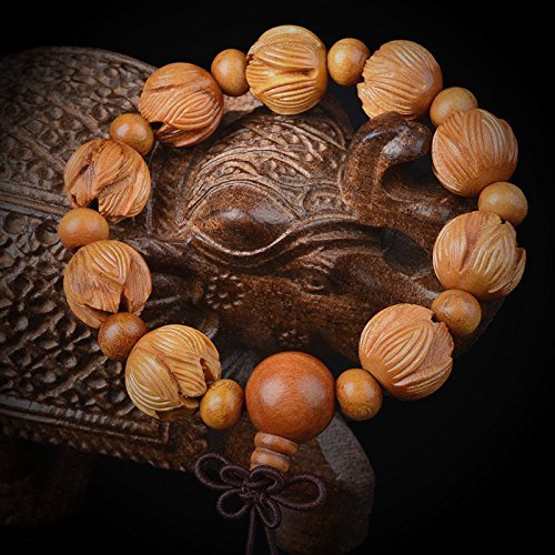 JAJAFOOK Unisex's Peach Wood Lotus Carving Beads Bodhi Tibetan Buddhist Prayer Wrist Mala Bracelet