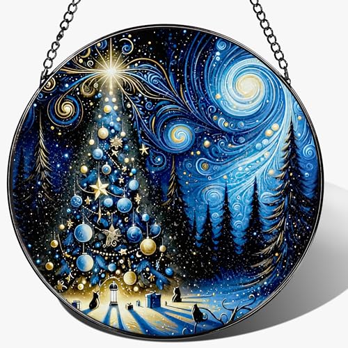 8″ Starry Night Christmas Tree Stained Glass Suncatcher Ornament, Stained Glass Window Hanging — Holiday Window Ornament | Gift for Christmas, Holiday Present Idea, Gift Exchange, Gifts Idea - color: Christmas Tree