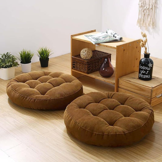 Meditation Floor Pillow Set of 2 Large Round Floor Cushions for Adults Tufted Corduroy Floor Seat Pillows Cushion for Living Room Tatami Yoga,Brown 22x22 Inch - color: Brown, size: 22"Lx22"Wx5"H