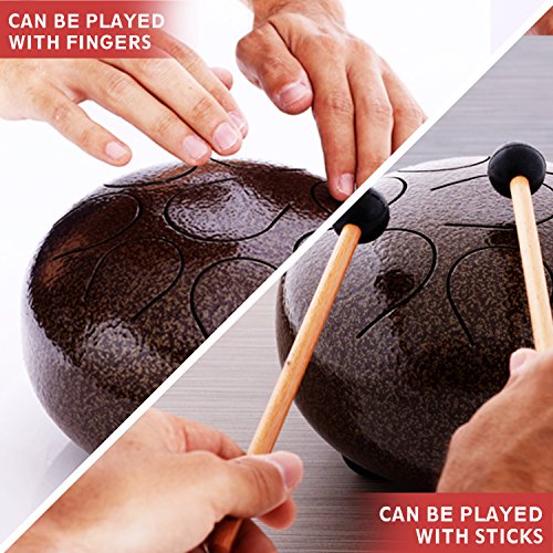 Pyle Steel Handpan Mini Tongue Drum - 8 Inch Hanging Intuitive Musical Instrument for Hand Percussion Beat - Meditating & Calming Music Includes Mallet Stick Rubber Ball on The Head & Bag Set - color: Light brown