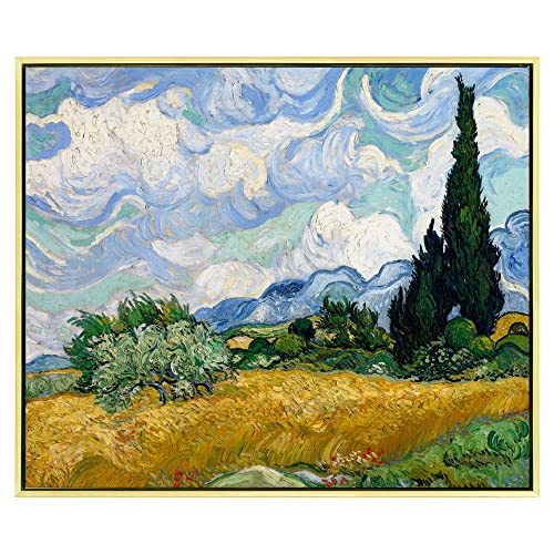 Wieco Art Framed Wall Art Canvas Prints of Wheat Field with Cypresses by Van Gogh Paintings Reproduction Abstract Artwork for Wall Decor Golden Frame - size: 16"L x 12"W