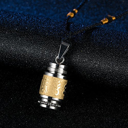 Men's Stainless Steel Open Lucky Buddha Mantra Pendant Necklace Bottle Container Memorial with Braided Rope - color: Mantra - Gold (big)